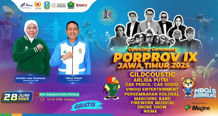 Opening Ceremony Porprov IX Jatim 2025 Hadirkan Gildcoustic, Cak Percil dan Arlida Putri.